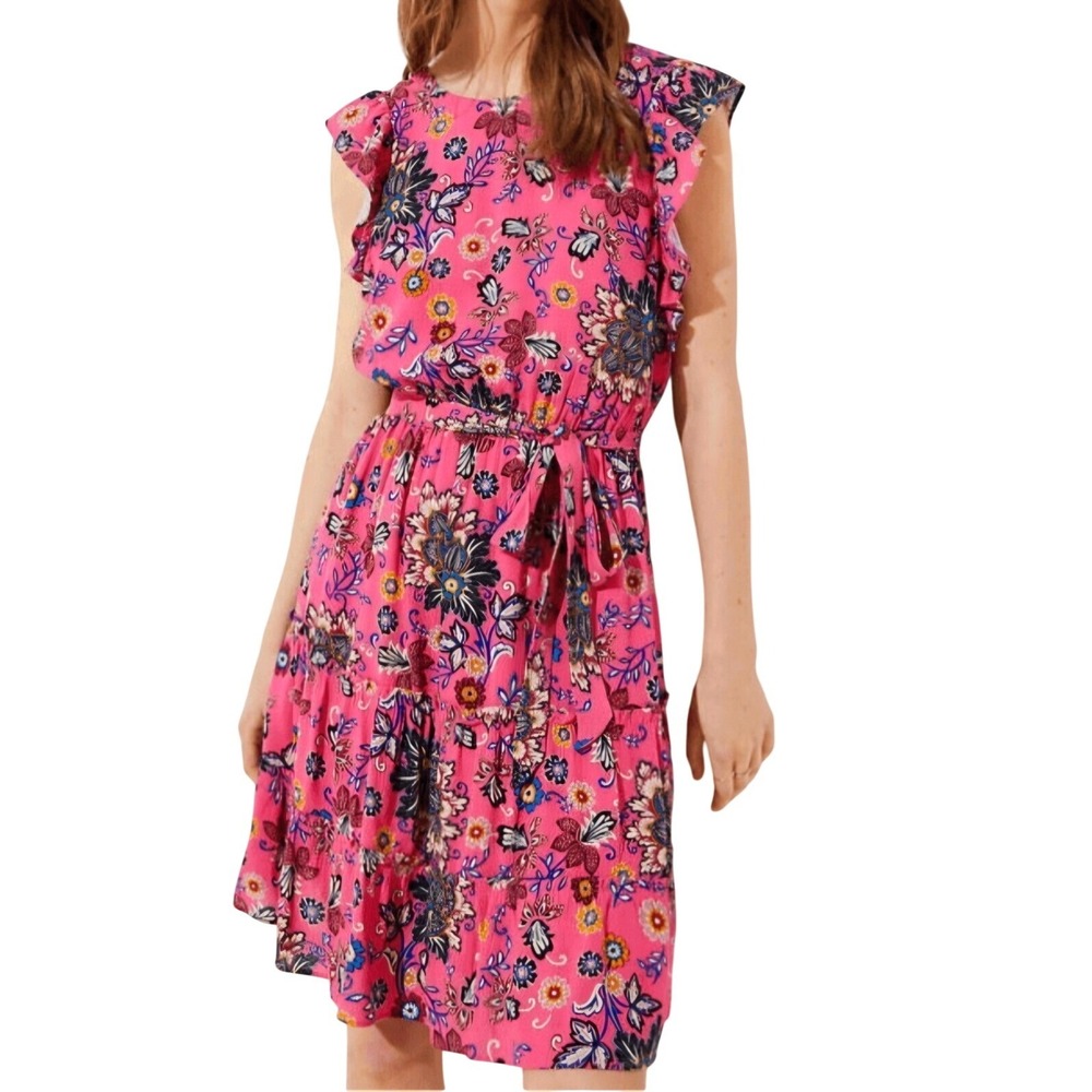 Loft Womens Pink Floral Tie-Waist Flutter Sleeve Tiered Boho Midi‎ Dress Small